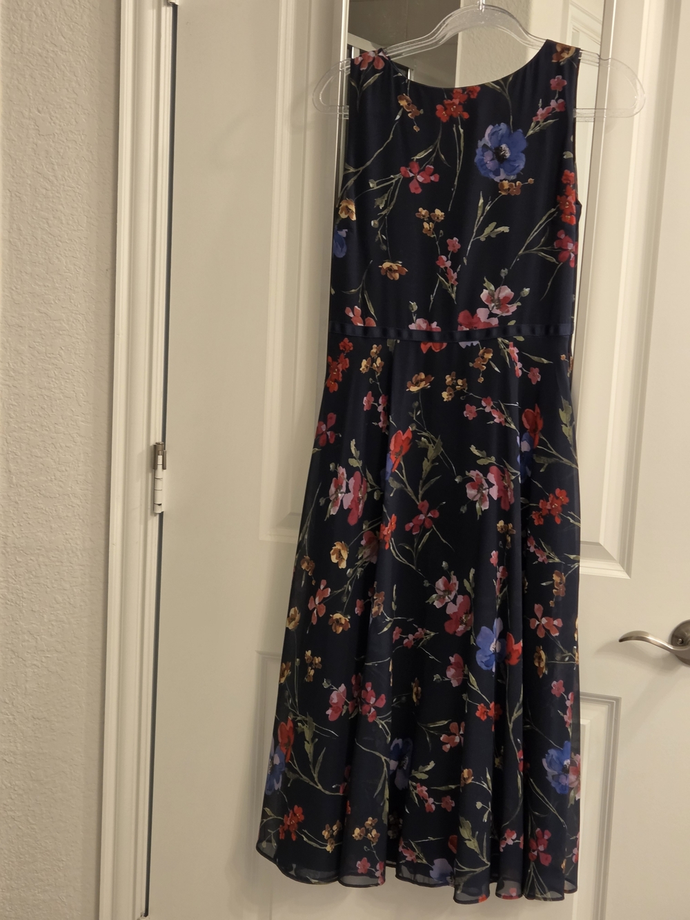 Navy Floral Midi Dress - Sleeveless A-Line